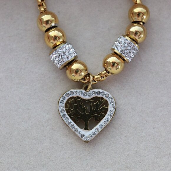 Tree of Life Heart with Rhinestone Pendant Style Round Cable Chain Necklace - Picture 4 of 4